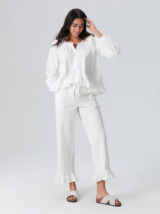 Elegant Solid Color Pajama Set with V-Neck Design Long Sleeve Loose Fit Tops and Ruffled Long Pants Loungewear Ensemble for