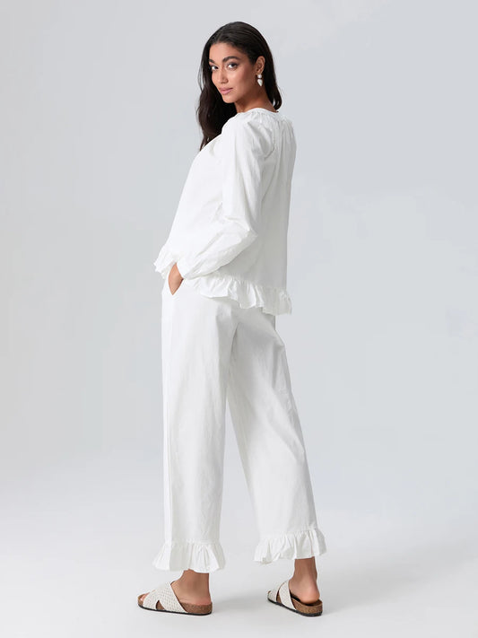 Elegant Solid Color Pajama Set with V-Neck Design Long Sleeve Loose Fit Tops and Ruffled Long Pants Loungewear Ensemble for