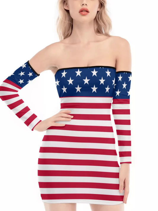 Women Bodycon Dress Stripe Stars Print Strapless Boat Neck Tube Dress Summer Backless Mini Dress with Oversleeve