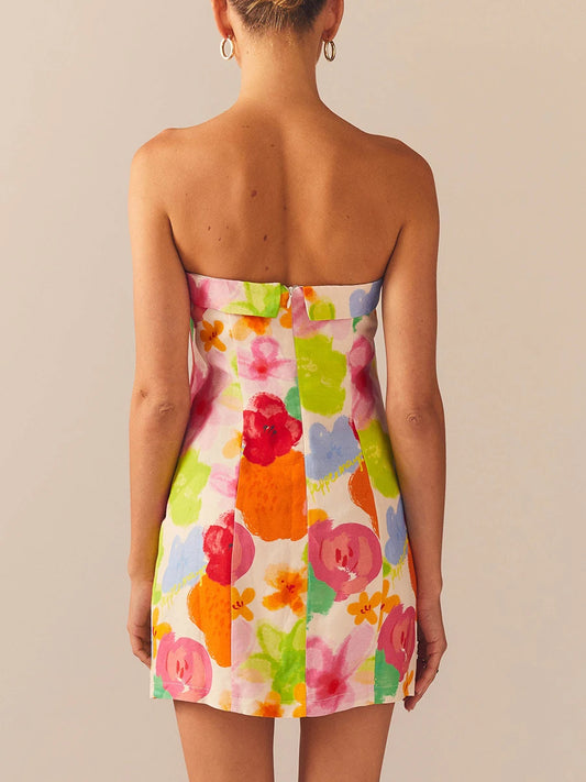 Women Bodycon Dress Sleeveless Backless Flower Car Print  Fit Summer Mini Dress Clubwear