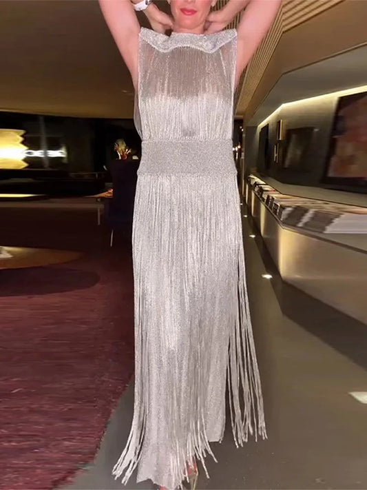 Sequin Tassel Evening Dresses Women Vintage Solid Sleeveless O-neck Slim High Waist Long Dress Lady 2025 Chic Party