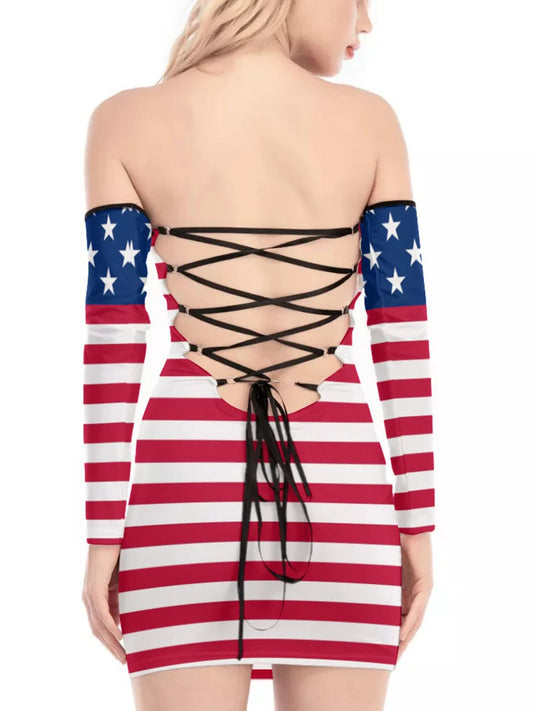 Women Bodycon Dress Stripe Stars Print Strapless Boat Neck Tube Dress Summer Backless Mini Dress with Oversleeve
