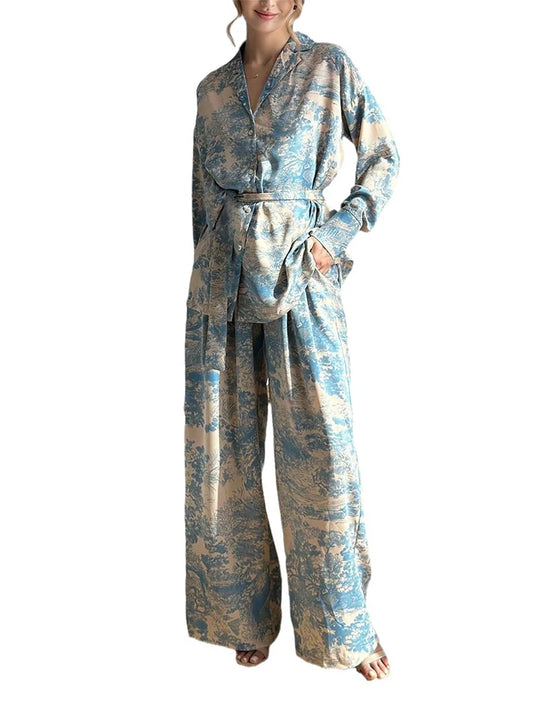 Women Pants Suit Long Sleeve Shirt with Wide Leg Pants and Belt Office Outfit Loungewear