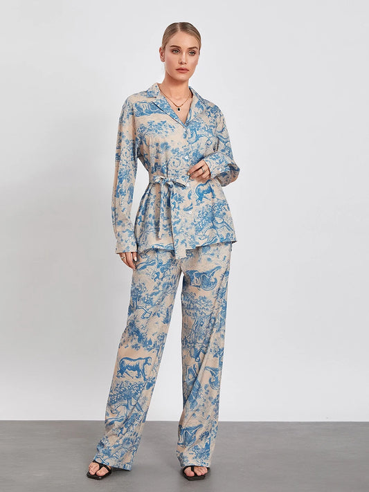 Women Pants Suit Long Sleeve Shirt with Wide Leg Pants and Belt Office Outfit Loungewear